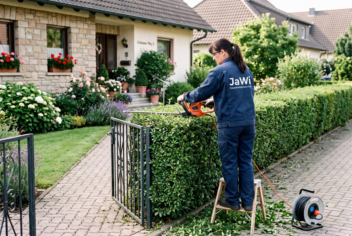 Heckenschnitt mit der Elektro-Heckenschere im Vorgarten, JaWi-Arbeitsjacke