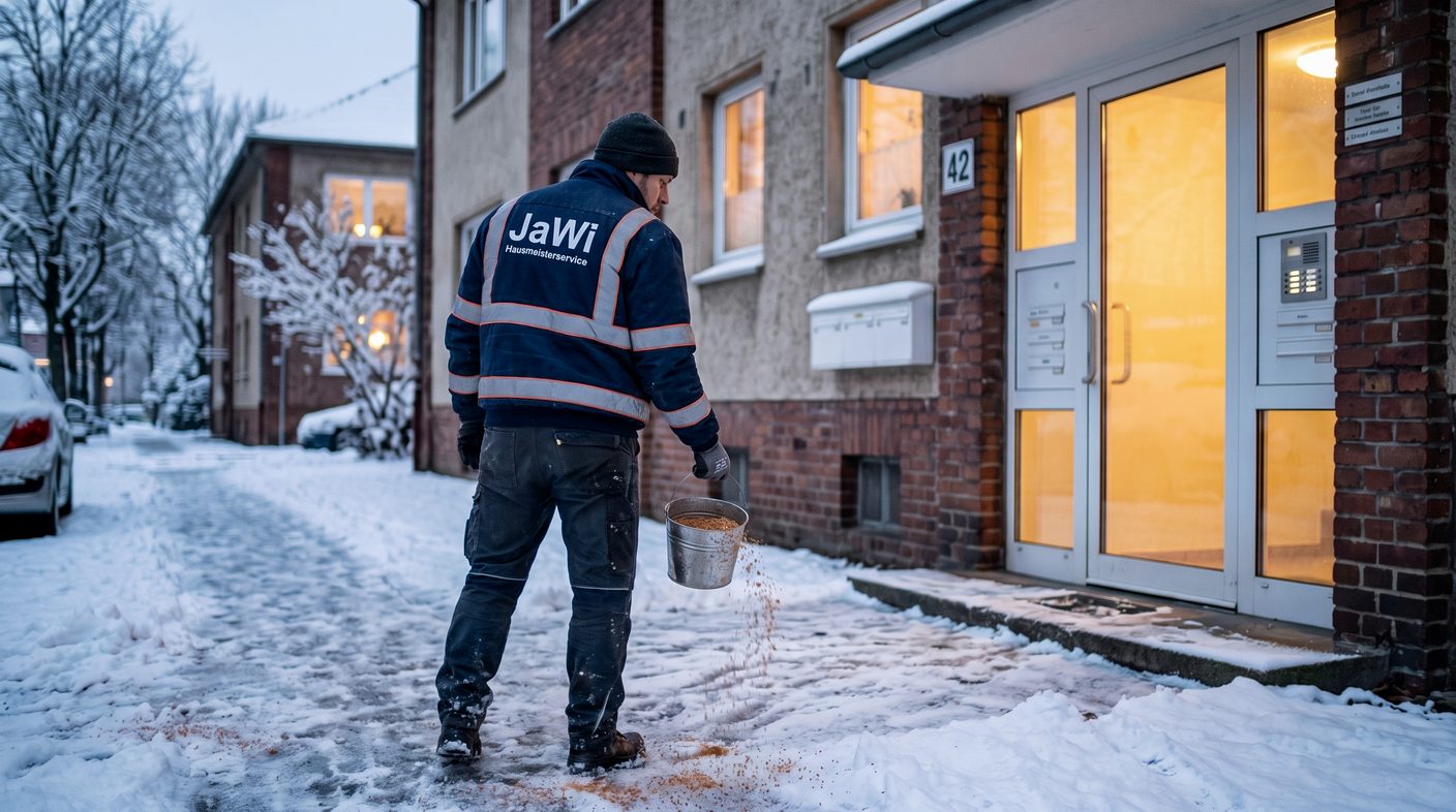 Winterdienst-Einsatz an einem Mehrfamilienhaus: Mitarbeiter in JaWi-Jacke auf dem verschneiten Gehweg