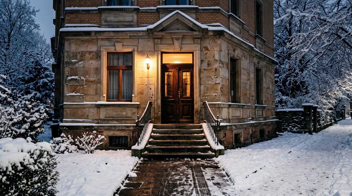 Geräumter und gestreuter Zugang zu einem Altbau-Hauseingang im Winter