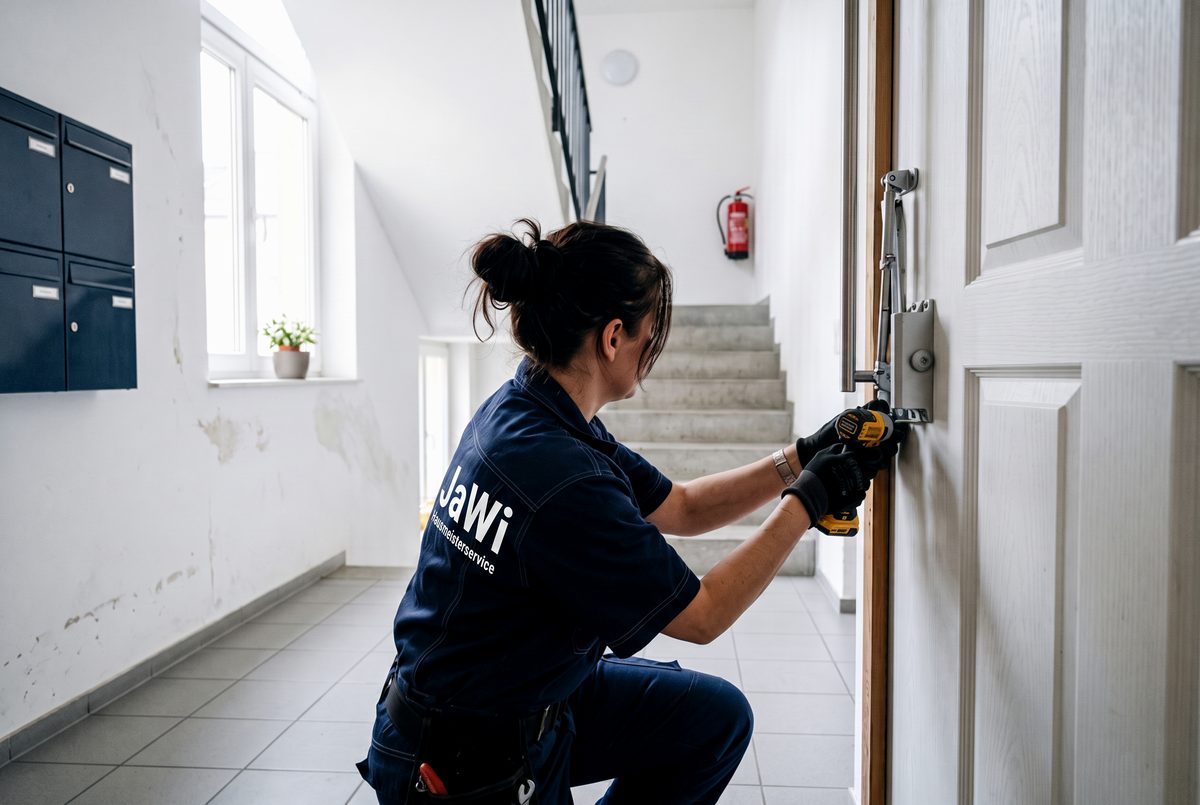 Justieren eines Türschließers im Treppenhaus, JaWi-Arbeitskleidung