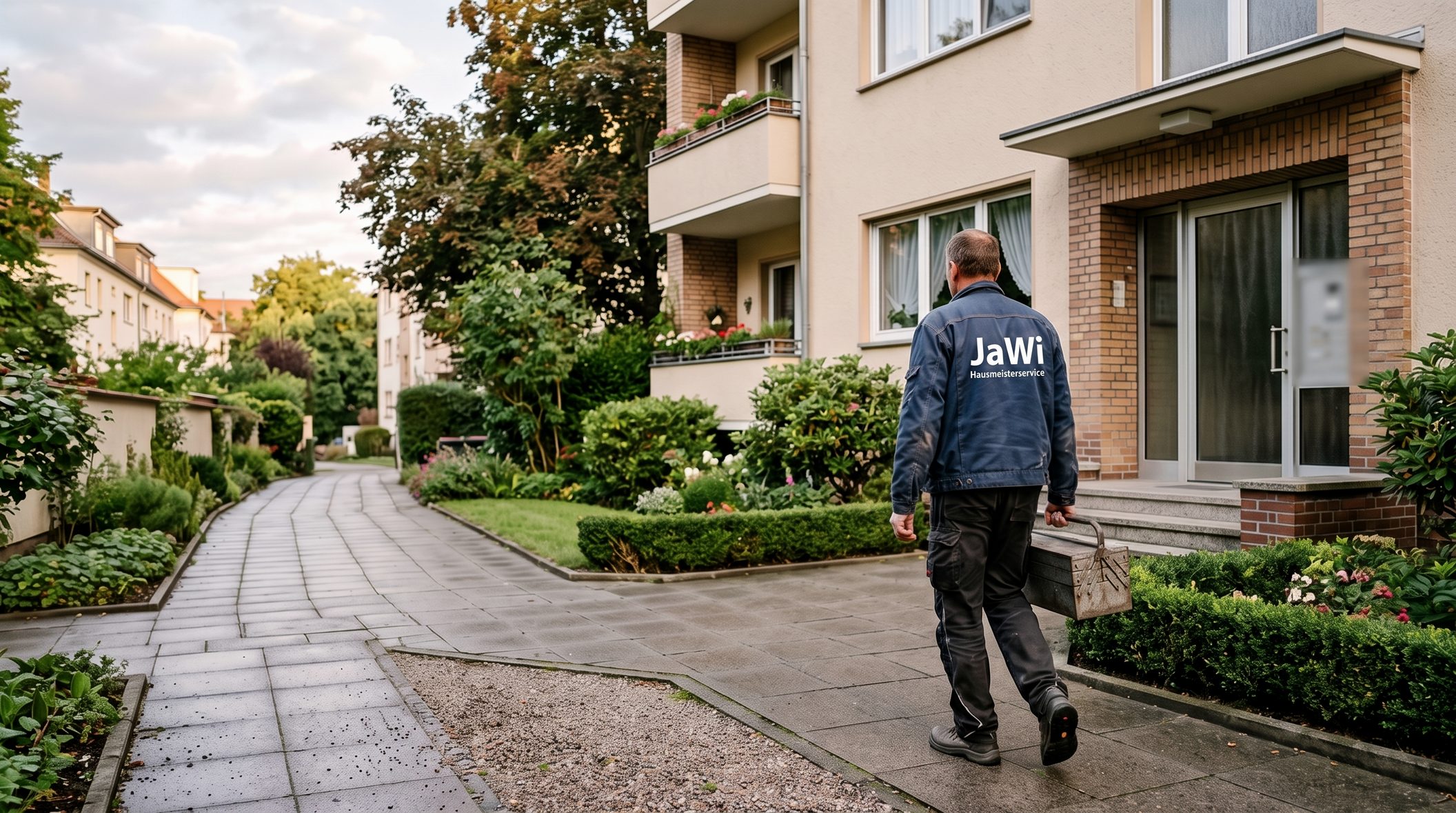 Hausmeister in JaWi-Arbeitsjacke mit Werkzeugkoffer auf dem Weg zum Eingang einer gepflegten Wohnanlage