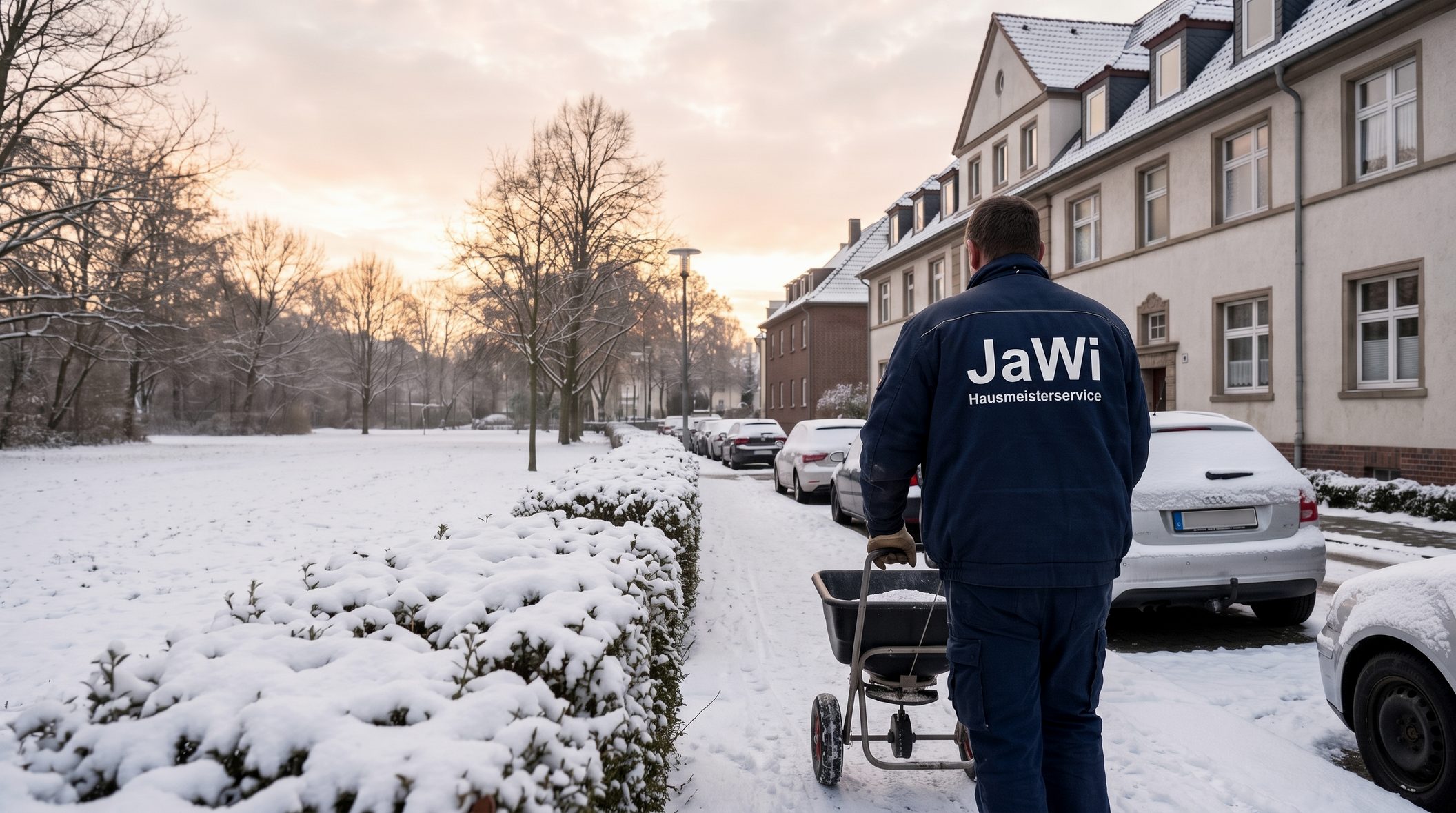 Streuwagen-Einsatz am Morgen: Person in JaWi-Arbeitsjacke streut den Gehweg vor Wohnhäusern