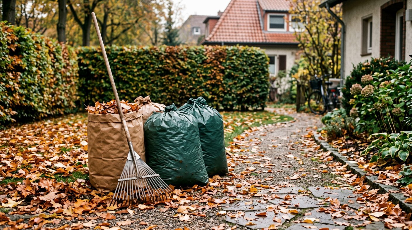 Laubrechen und gefüllte Laubsäcke auf einem laubbedeckten Gartenweg im Herbst