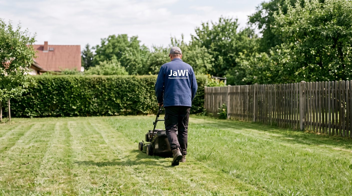 Rasenmähen im Garten: Person in JaWi-Arbeitsjacke mäht eine Rasenfläche