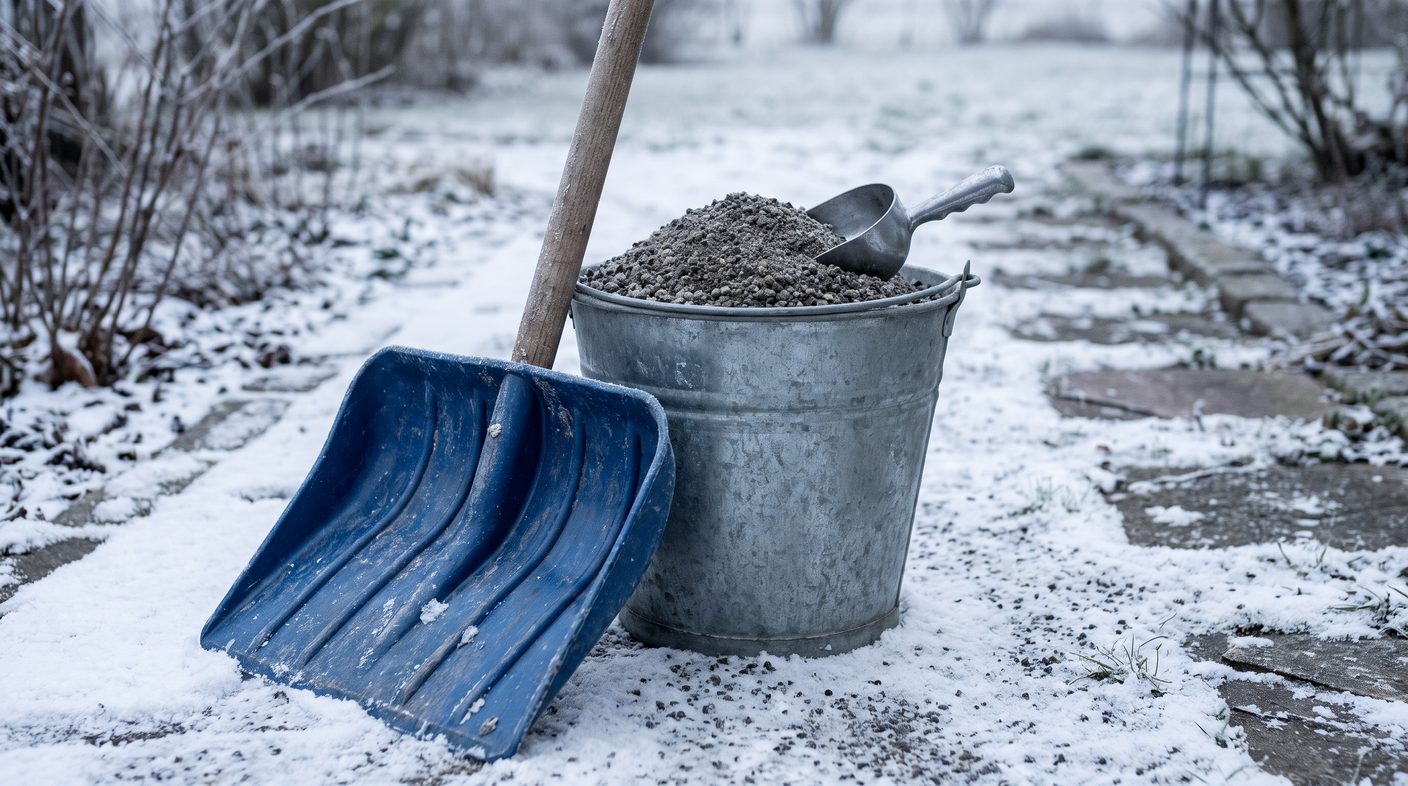 Schneeschaufel und Eimer mit Streugut auf einem frostigen Gartenweg
