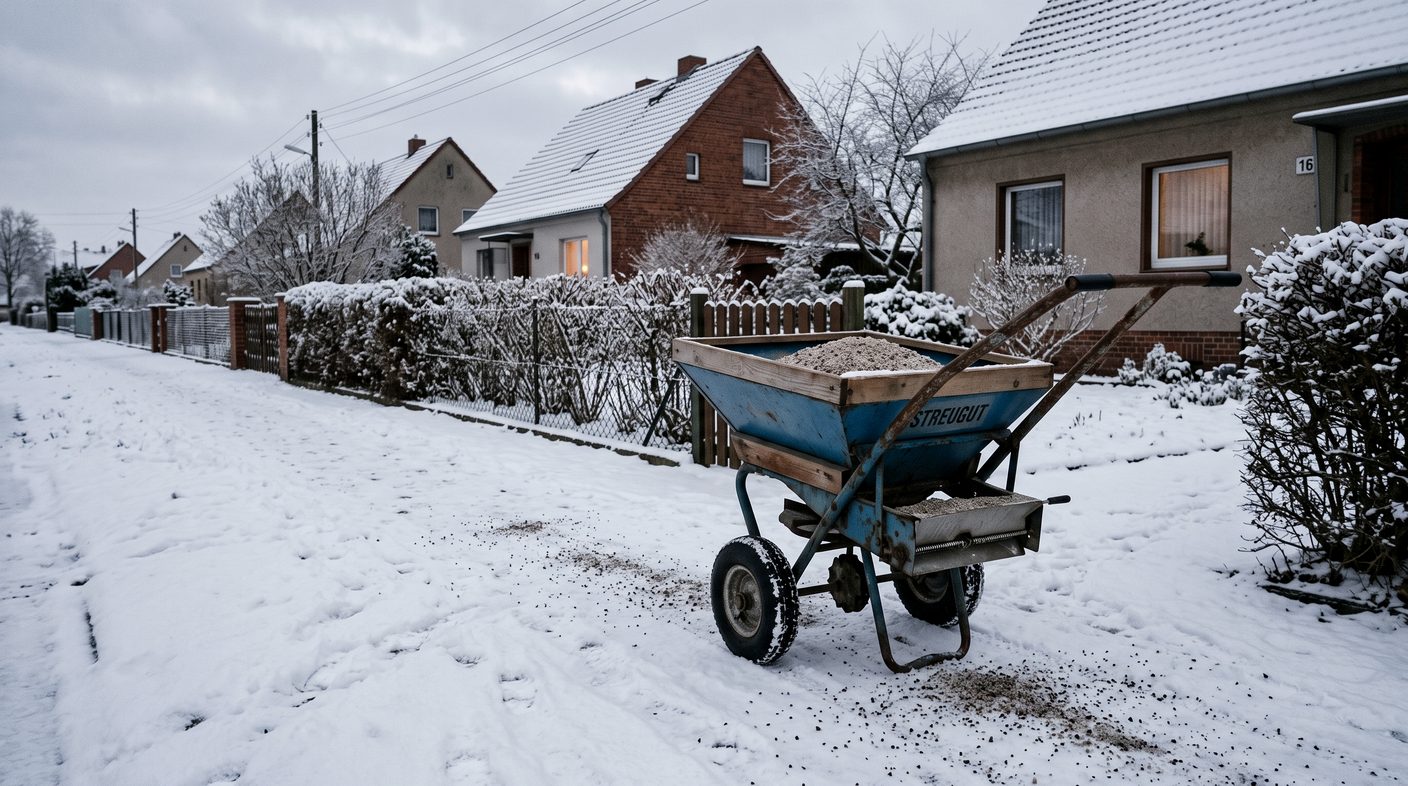 Streuwagen mit Streugut auf einem verschneiten Gehweg in einer Wohnstraße