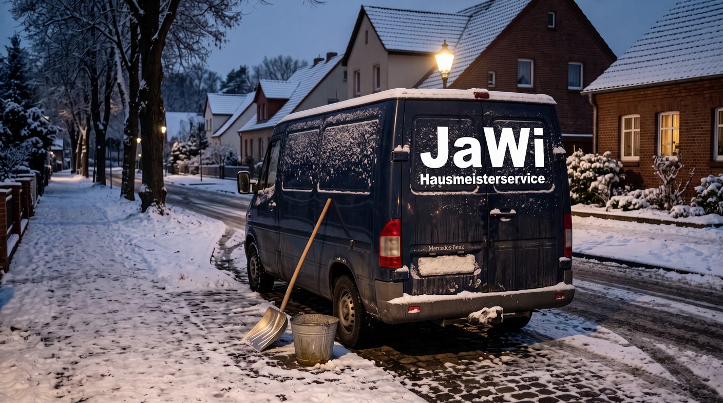 Dunkelblauer Transporter mit JaWi-Beschriftung und Winterdienst-Ausrüstung in verschneiter Wohnstraße