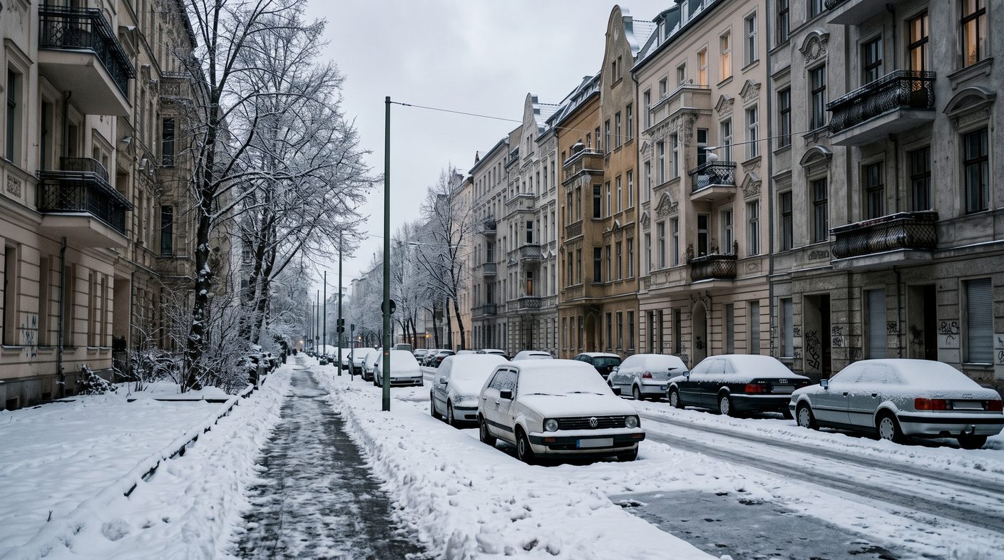 Geräumter Gehweg in einer verschneiten Altbaustraße