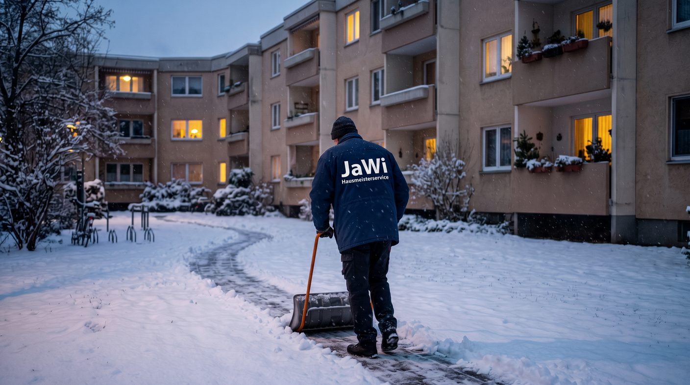 Winterdienst-Einsatz in einer Wohnanlage bei Dämmerung, Person mit Schneeschieber in JaWi-Arbeitsjacke