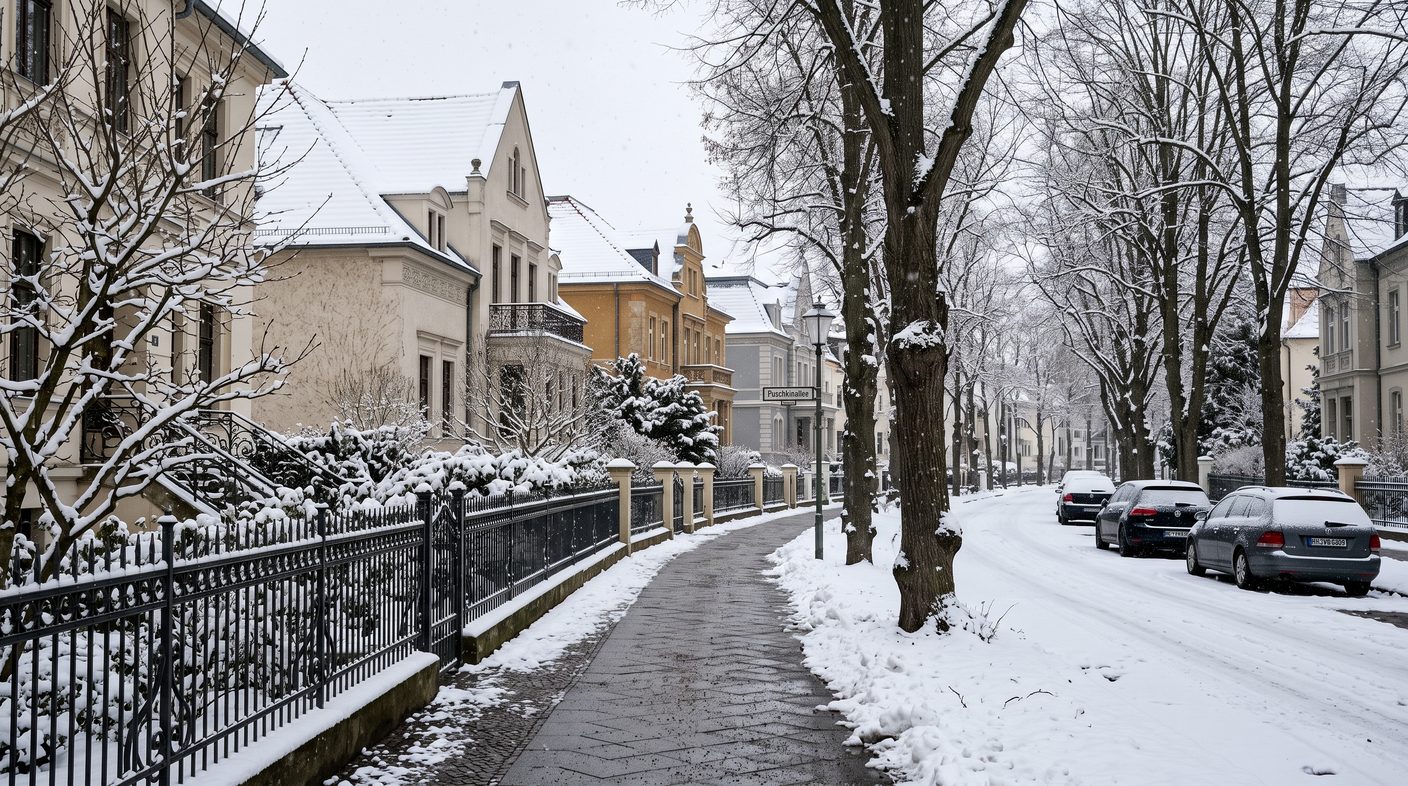 Verschneite Villenstraße mit geräumtem Gehweg bei leichtem Schneefall