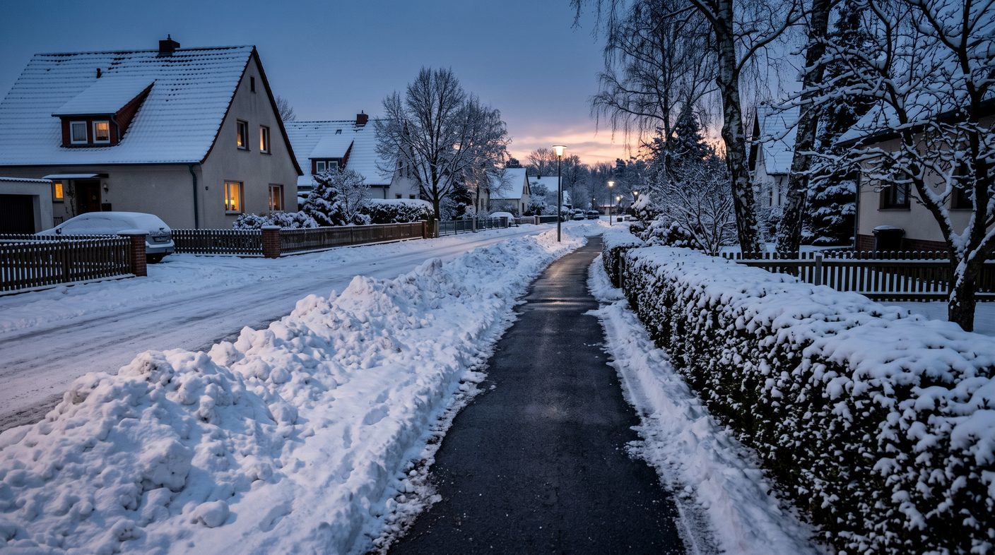 Frisch geräumter Gehweg in einer verschneiten Einfamilienhaus-Straße